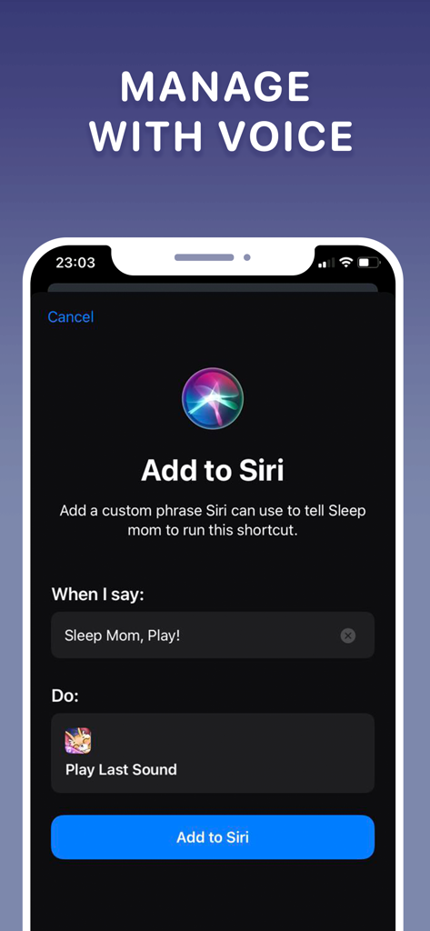 Écran de configuration du contrôle vocal Siri pour l'application Calm Baby Sleep