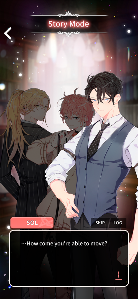 LoveUnholyc - Three handsome male anime characters in the LoveUnholyc story mode interface with dialogue