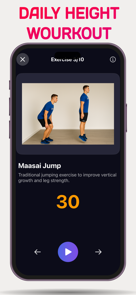 TallUp AI app interface showing a Maasai Jump exercise with a visual demonstration and workout timer.