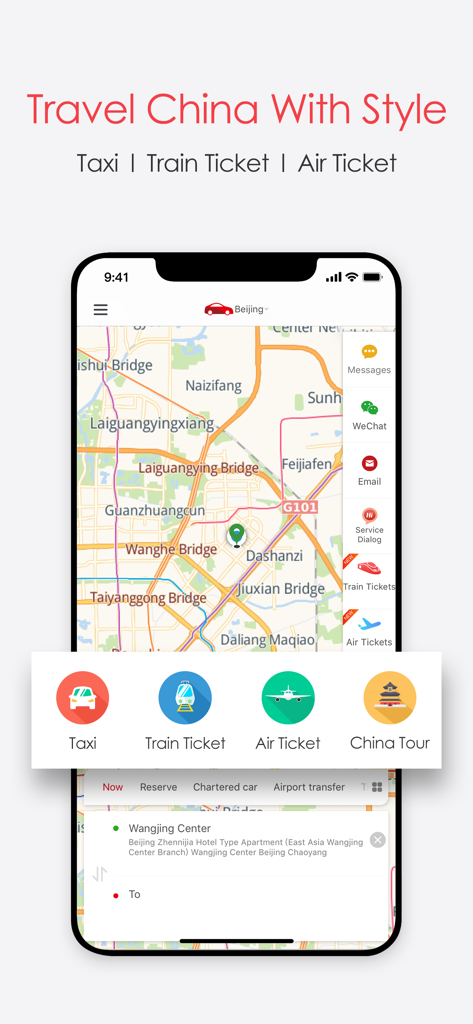 My China Taxi - China Taxi App - Interface do aplicativo My China Taxi mostrando um mapa de Pequim e opções de reserva de passagens de trem e avião