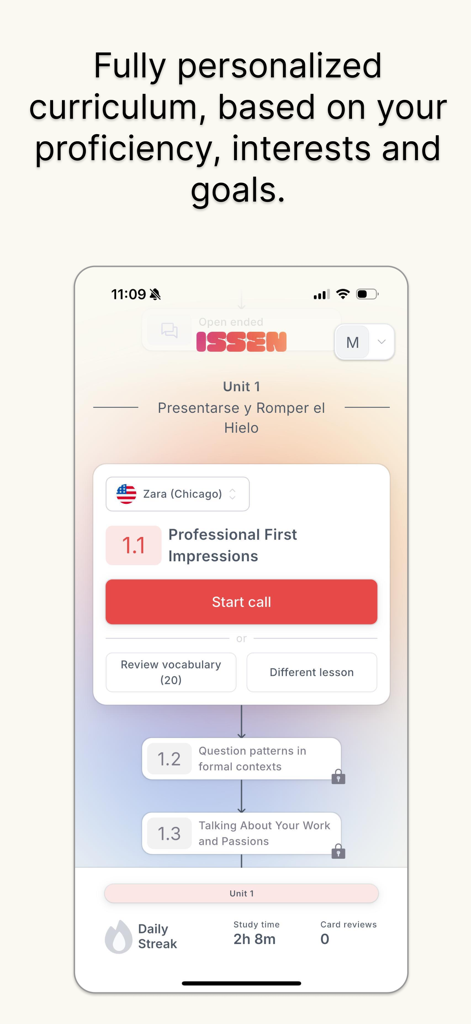 ISSEN - Voice Tutor - Interfaz de la aplicación ISSEN mostrando un plan de estudios de aprendizaje de idiomas personalizado con lecciones para primeras impresiones profesionales y patrones de conversación formales.