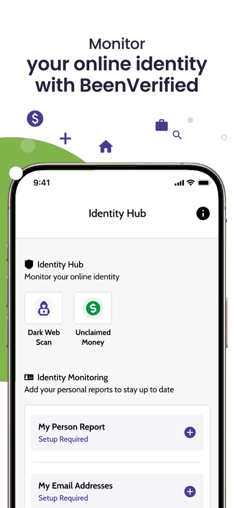 BeenVerified: People Search - BeenVerified Identity Hub interface on a smartphone showing dark web scan and unclaimed money search features