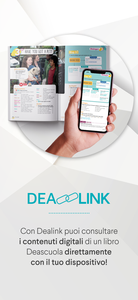 DeA Link - Uma mão segurando um smartphone digitalizando uma página de um livro físico usando o aplicativo DeA Link