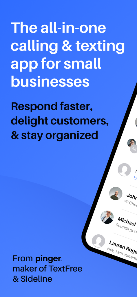 Promotional screen for Index business phone app highlighting calling and texting features for small business owners