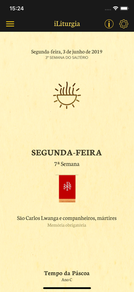 iLiturgia - A tela inicial do aplicativo iLiturgia exibindo a liturgia católica diária e o calendário em português.