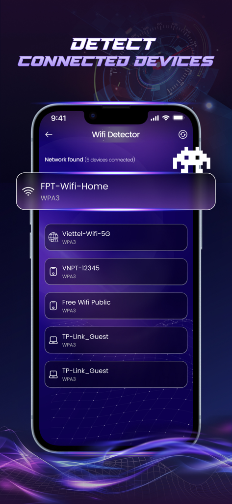 Internet Speed Test & Analyze - Schermata del Rilevatore Wi-Fi che mostra i dispositivi connessi e lo stato di sicurezza della rete nell'app Test di Velocità Internet