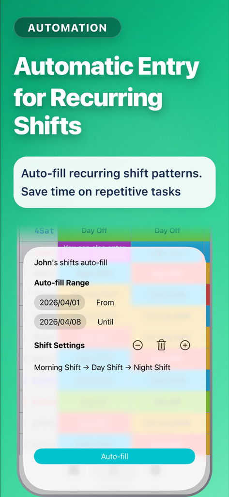Shift management app! - Interface do aplicativo móvel mostrando o recurso de automação para entrada automática de turnos recorrentes.