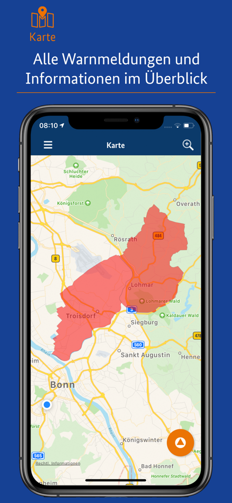 NINA-App-Kartenoberfläche mit einer rot hervorgehobenen Notfallwarnzone über einem geografischen Gebiet