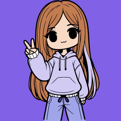 girl with straight down hair wearing a sweater and sweatpants doing the peace sign