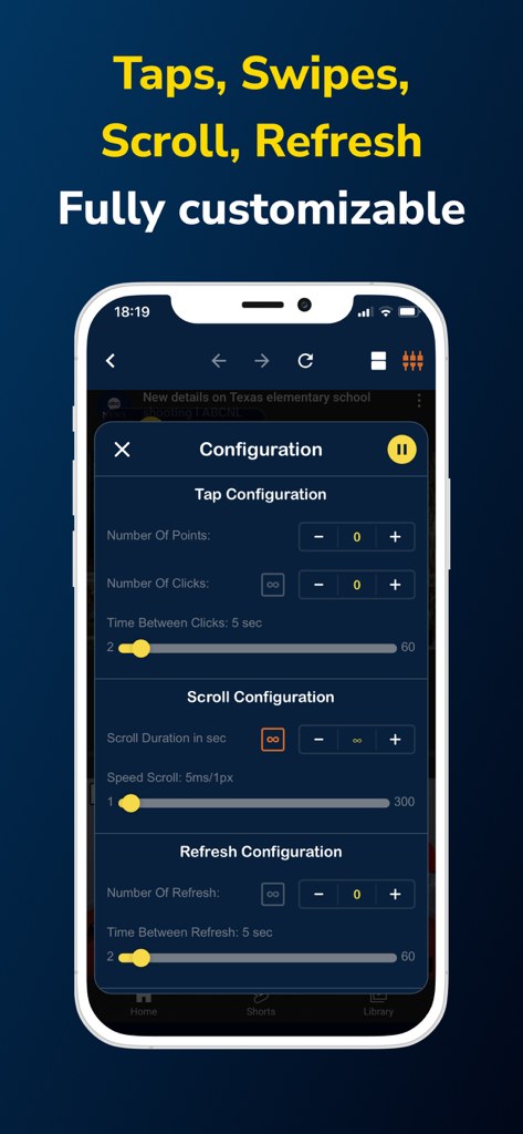Auto Clicker:Automatic Tap App - Mobile app interface showing configuration settings for automatic taps, scrolling, and page refreshes on a smartphone screen.