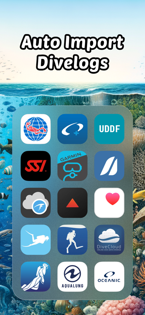Diverout-App-Oberfläche, die die automatische Protokollimport-Kompatibilität mit Marken wie Garmin, Suunto, PADI und SSI zeigt