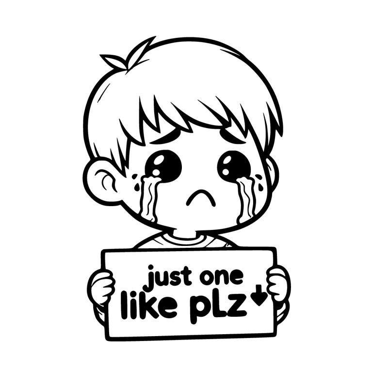 realistic crying boy with a sign saying just one like plz