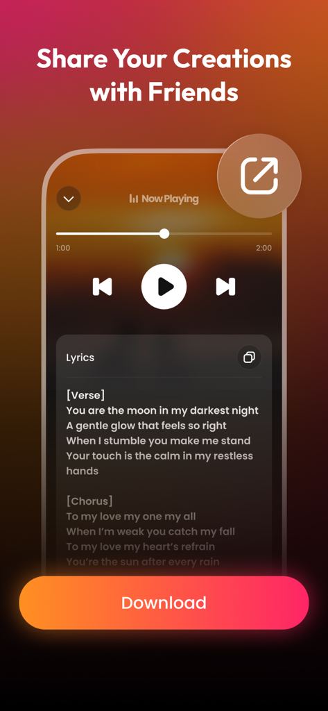 MuseO: AI Music Ringtone Maker - Interface of MuseO app with a music player displaying song lyrics and sharing options
