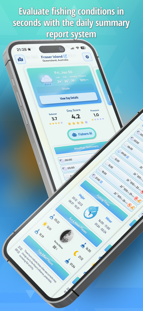 Fishero - Angler Forecast - Fishero app displaying daily fishing productivity scores weather summary and tide reports on mobile screens