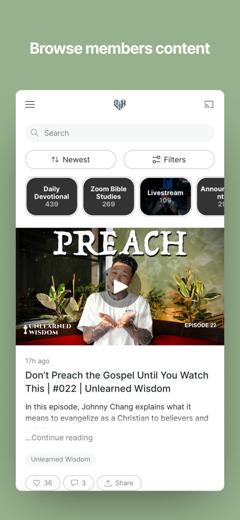 Core of the Heart - Core of the Heart app interface displaying video content and categories like Daily Devotional and Zoom Bible Studies