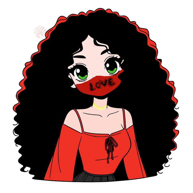 a black anime girl with long afro hair