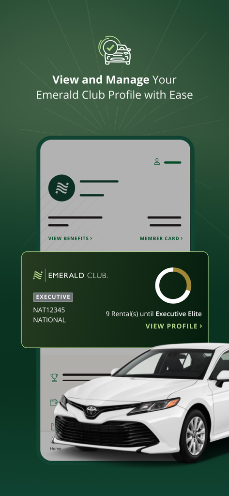 Écran de l'application National Car Rental montrant le profil du membre Emerald Club et la progression du statut
