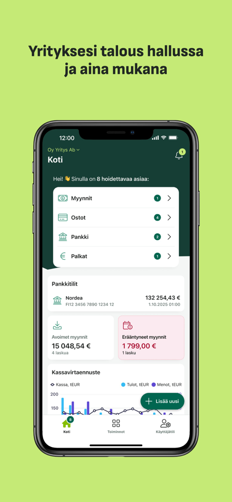 Fennoa mobile app home screen showing a business financial dashboard with sales, expenses, and bank balance