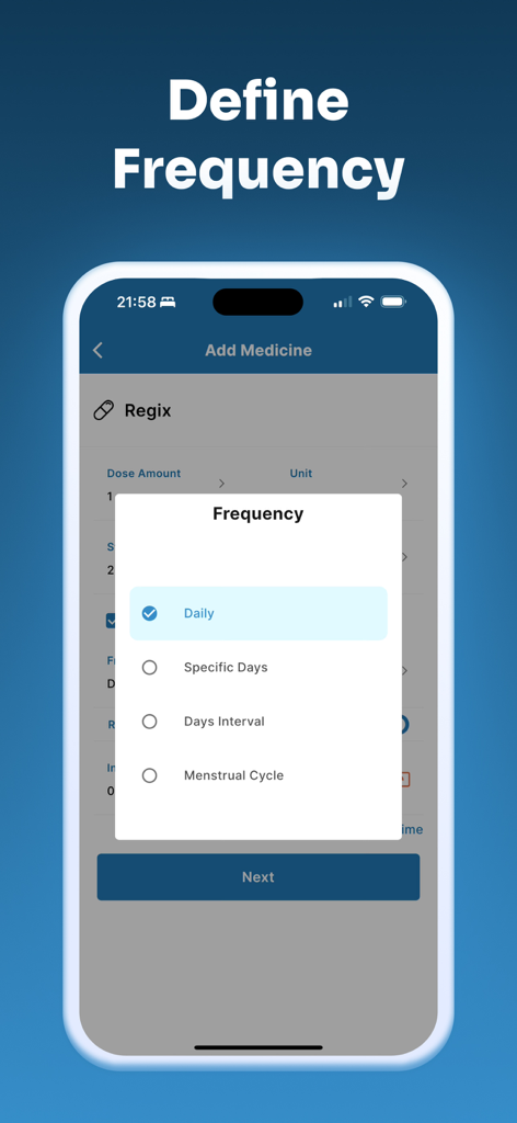 Pill Reminder l Med Tracker - Interfaz de selección de frecuencia de medicación que muestra opciones para seguimiento diario, días específicos o ciclo menstrual.