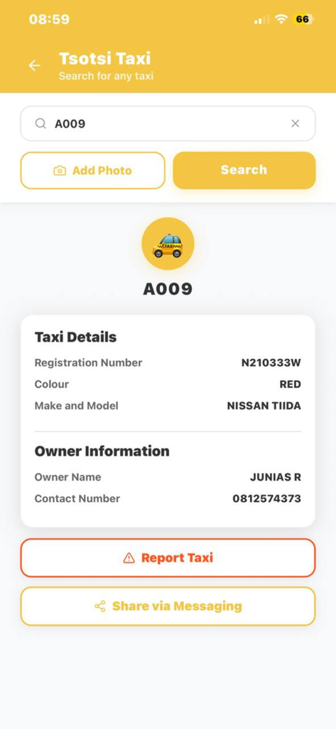 Tsotsi Taxi app screen displaying vehicle registration details and owner information for a verified taxi.