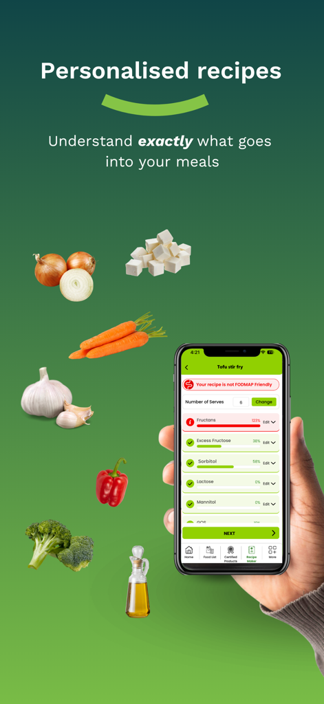 FODMAP Friendly - Uno smartphone che mostra la funzione del creatore di ricette nell'app FODMAP Friendly utilizzata per gestire diete IBS e l'accumulo di cibo.