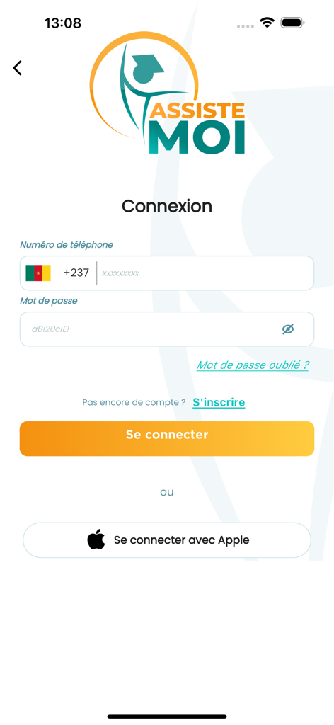 Assiste Moi - Login page of the Assiste Moi mobile app for Cameroonian exam preparation