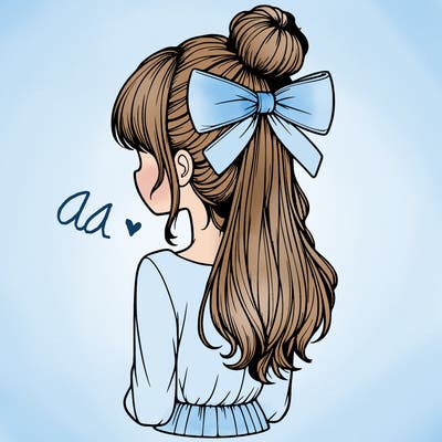 realistic girl  with hip length hair a bun and a big bow on the back of head