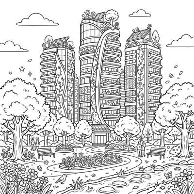 Step into a sustainable future with this engaging coloring page featuring towering green skyscrapers amidst a flourishing spring park. Explore a world where nature and urban living harmoniously coexist, ready for your creative touch.