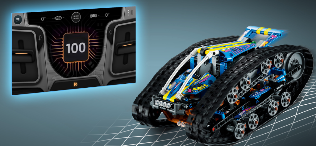 Interfaz de la aplicación LEGO Technic Control Plus y un vehículo con orugas