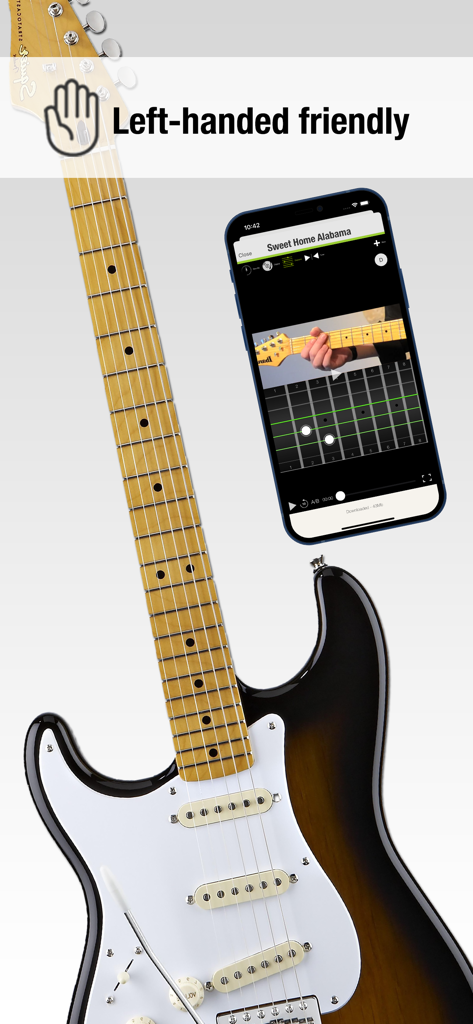 Guitar Masterclass - Smartphone che mostra una lezione di chitarra adatta ai mancini per Sweet Home Alabama nell'app Guitar Masterclass