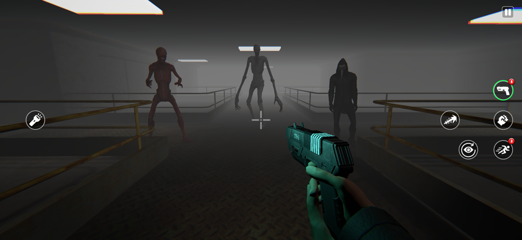 Visão em primeira pessoa de um jogador segurando uma arma encarando três entidades sombrias de terror em um labirinto escuro.