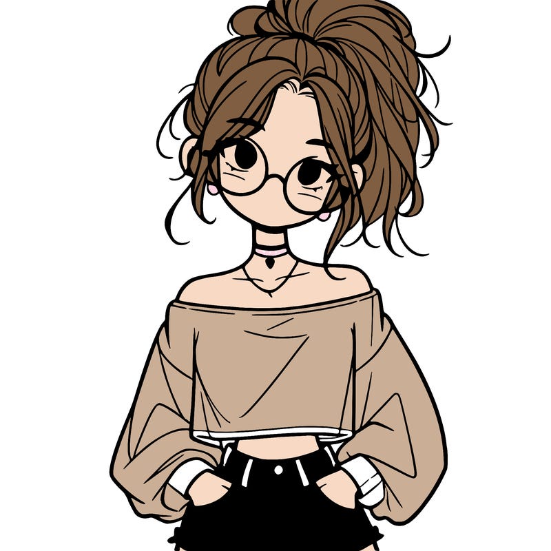 girl with a messy ponytail glasses a baggy crop top and jean shorts