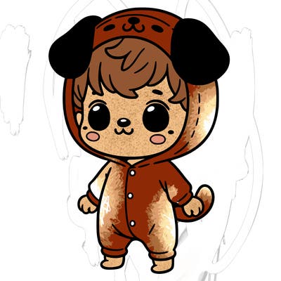 cute animated baby wearing a cute dog onsie