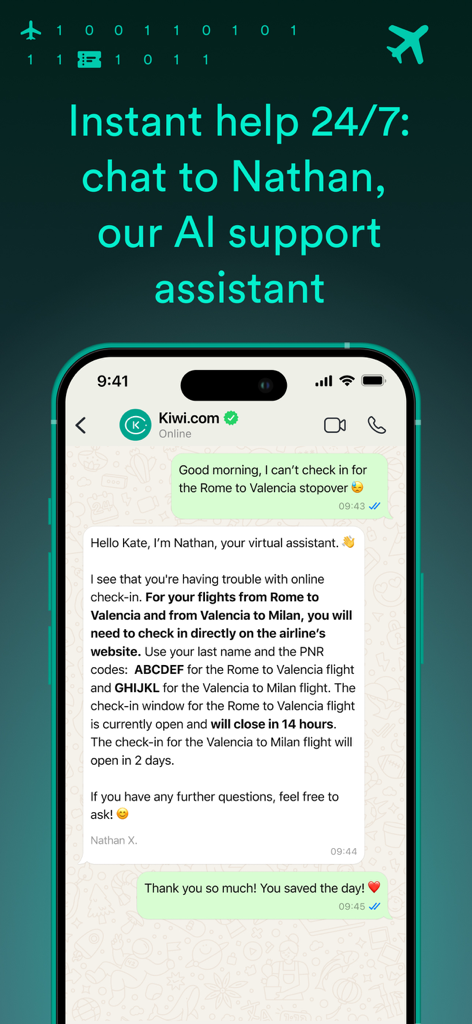 Interfaz de la aplicación Kiwi.com que muestra una conversación con Nathan, un asistente de soporte de IA para ayuda de viajes