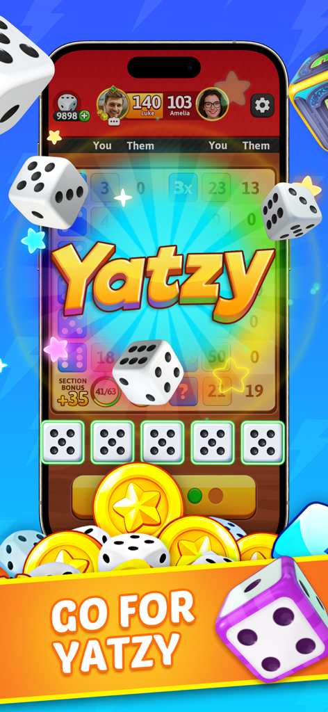 Yatzy Blitz: Classic Dice Game - Yatzy Blitz mobile game interface showing a classic dice match with player scores and golden star coins