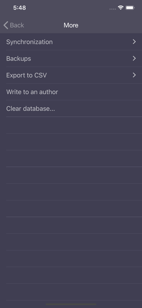 Pantalla de configuración adicional en la aplicación Expenses OK con opciones de sincronización y exportación CSV