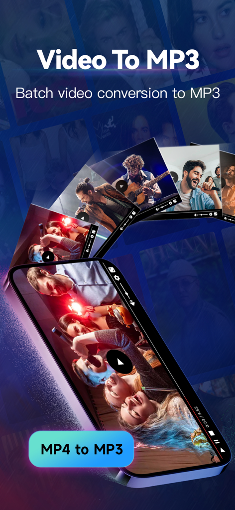 MP3 Converter - Audio Trimmer - Pantalla del iPhone mostrando la función de conversión por lotes de vídeo a MP3 en la aplicación Convertidor MP3