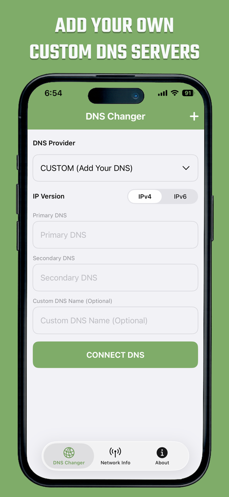 Custom DNS Changer IPV4 & IPV6 - Interface of the Custom DNS Changer app showing fields to add primary and secondary DNS servers for IPv4 or IPv6.