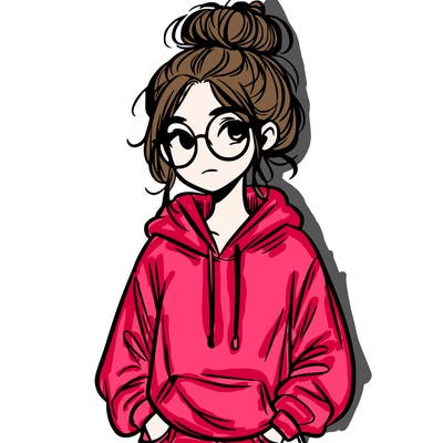 teen girl with a messy bun and glasses wearing a loose hoodie and jeans