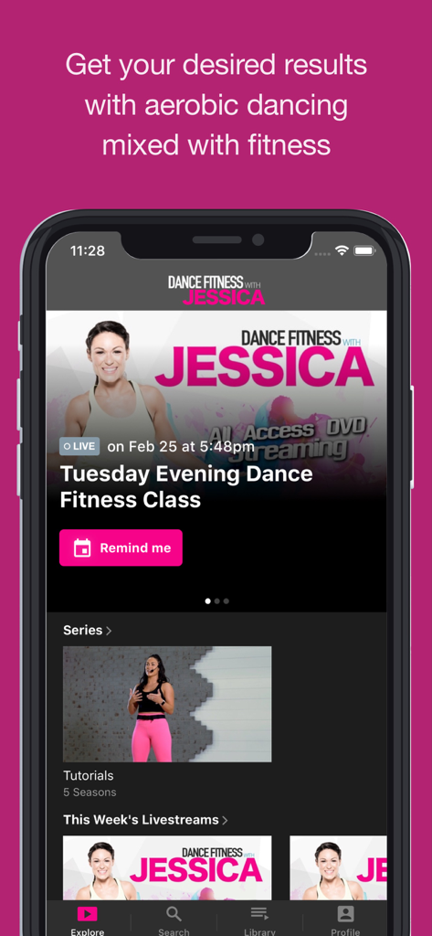 Dance Fitness with Jessica mobile app home screen showing live dance classes and aerobic fitness tutorials