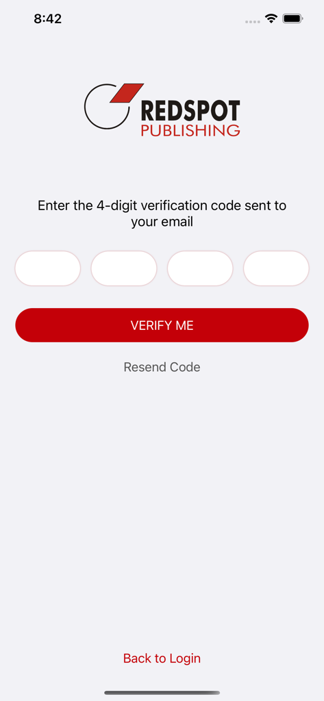 Écran de saisie du code de vérification pour l'application mobile Redspot eBooks.