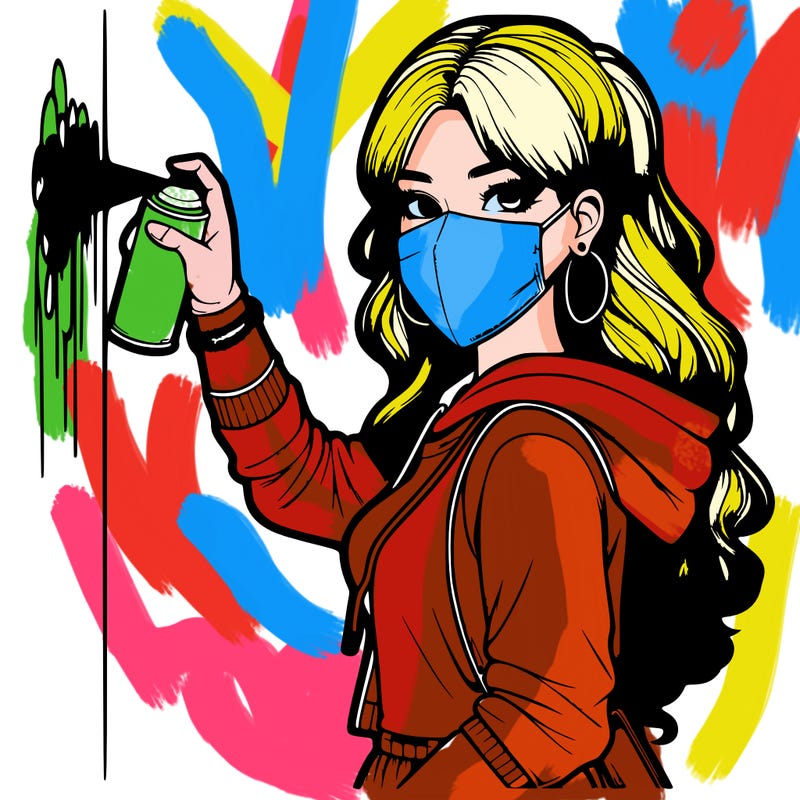 realistic girl with mask spray painting a wall