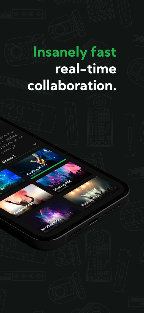 BirdDog Cloud Connect - BirdDog Cloud Connect app interface on an iPhone showing multiple NDI video source thumbnails for real-time collaboration