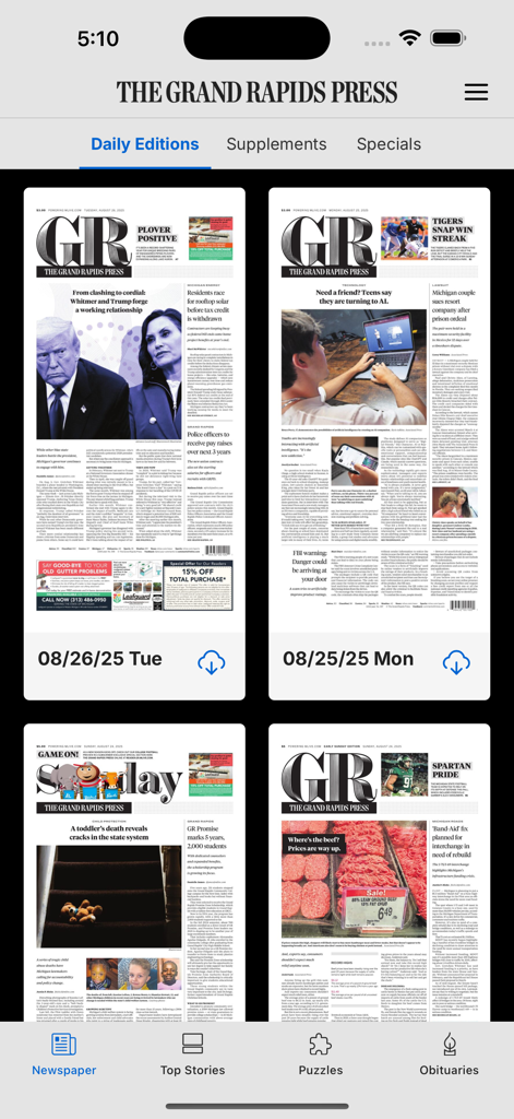 Grand Rapids Press - Grand Rapids Press mobile app showing a library of daily digital newspaper editions