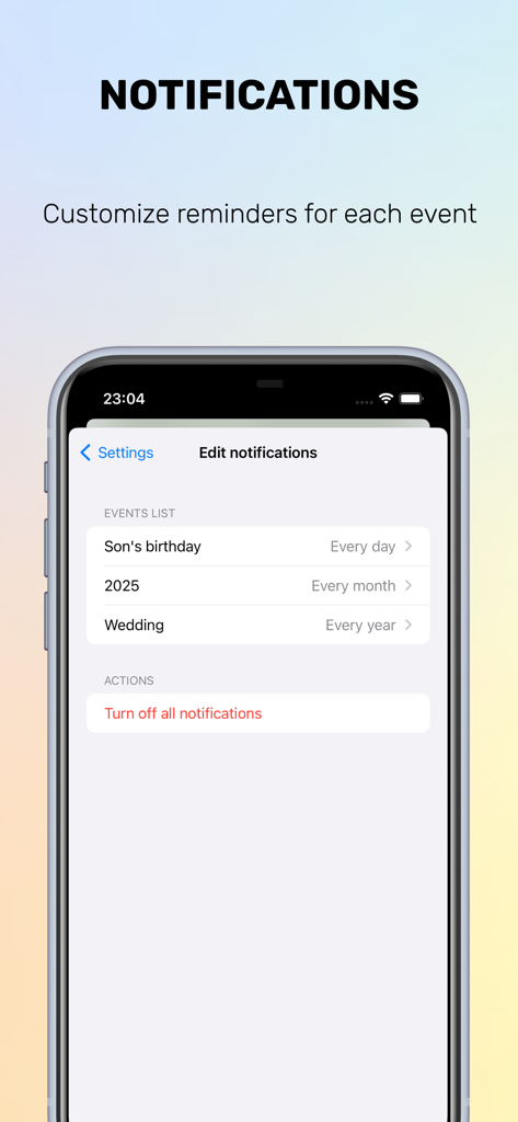 Countdown. Time to event. - Mobile app interface showing customized event reminders for birthdays and weddings with notification frequency options.