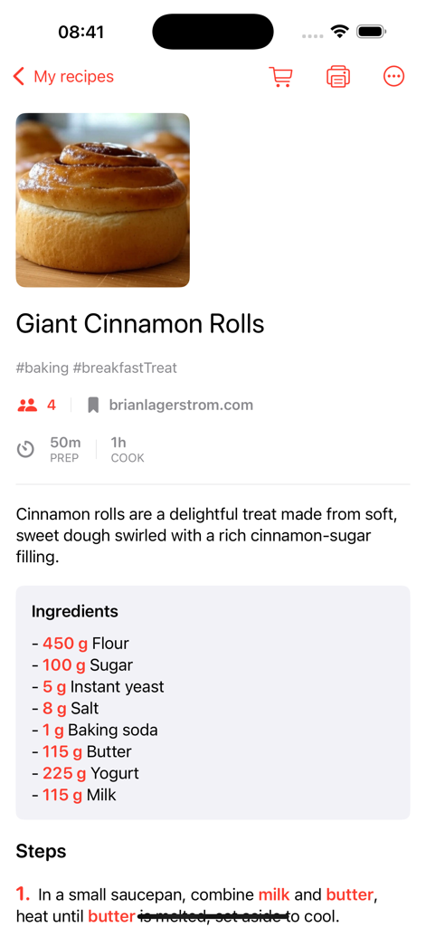 FoodShiner: Pantry Companion - FoodShinerアプリの特大シナモンロールのレシピページ。材料と準備時間が表示されています。