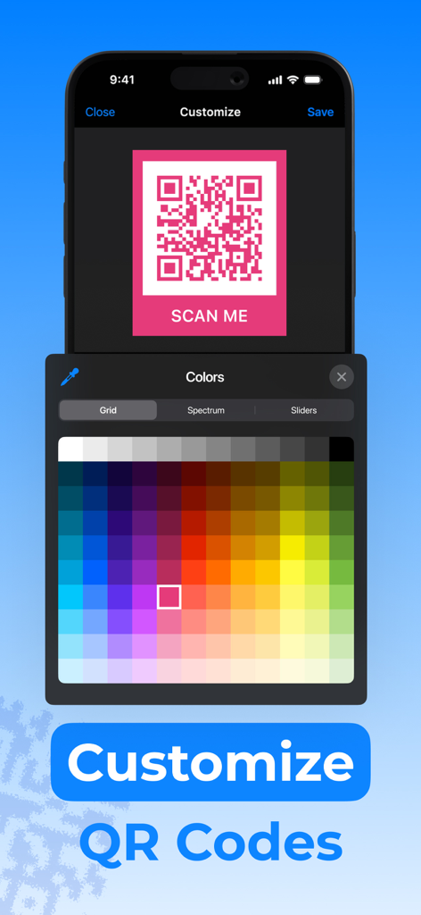 iPhone app screen showing a user customizing a pink QR code using a color palette grid