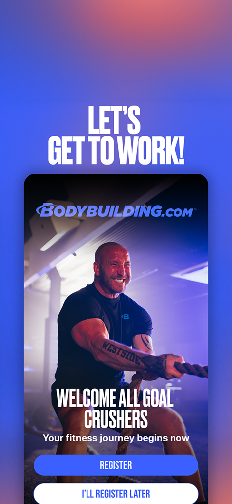 Bodybuilding.com app welcome screen featuring a man training with battle ropes and a registration button