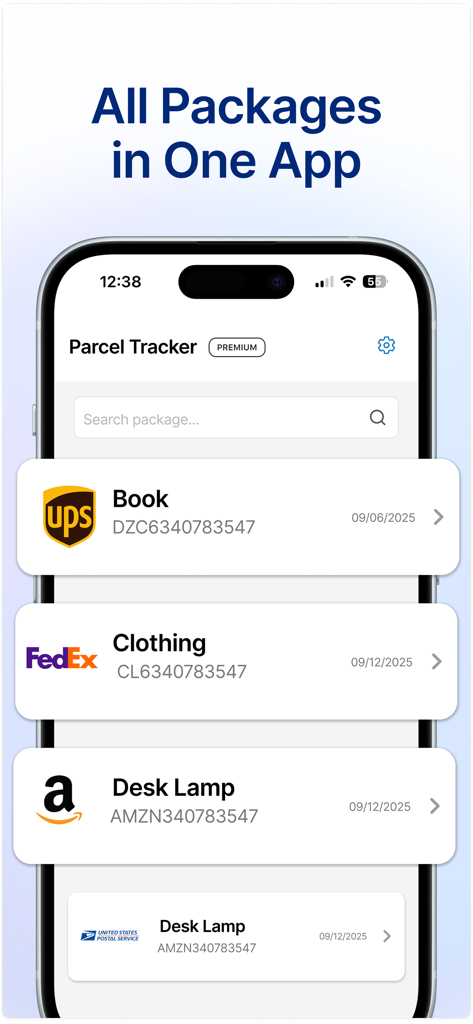 Parcel Tracker: Simple & Fast - Pantalla de inicio de la app Seguimiento de Paquetes mostrando paquetes rastreados de múltiples transportistas como UPS y FedEx