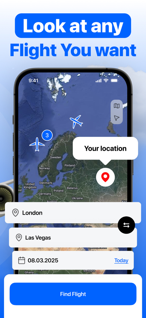 Flight Tracker - Air control - Interface d'une application mobile montrant une carte de suivi de vol en direct avec des icônes d'avion et un outil de recherche pour trouver des vols par itinéraire et par date.